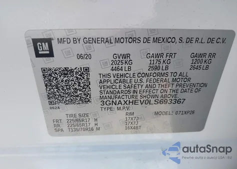 2020 Chevrolet Equinox Fwd Ls из США, поврежденный, VIN 3GNAXHEV0LS693367